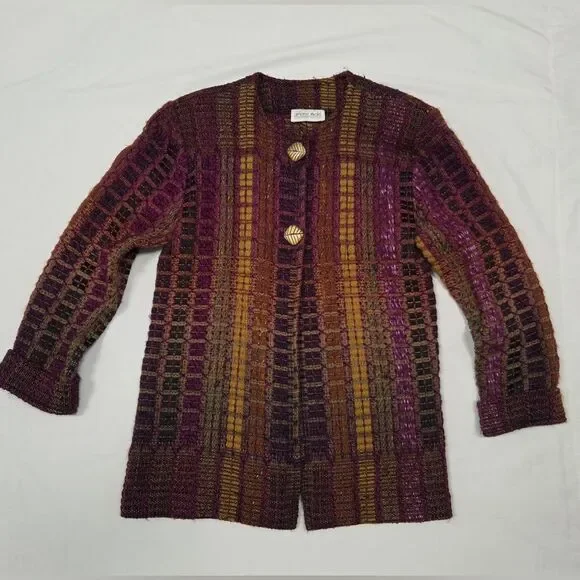 Vintage Arlene Wohl Art To Wear Knit Two Button Cardigan M/L - Picture 2 of 10